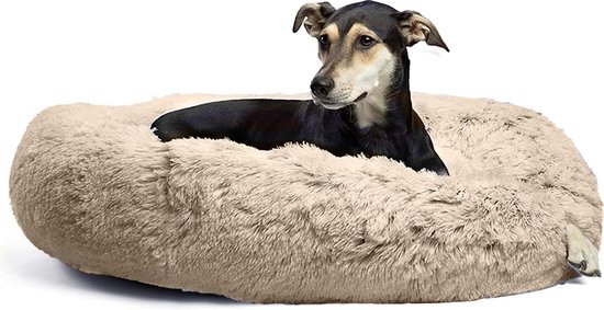 Pet Perfect Donut Hondenmand - 80cm - Fluffy Hondenkussen - Hondenbed - Créme/Bruin